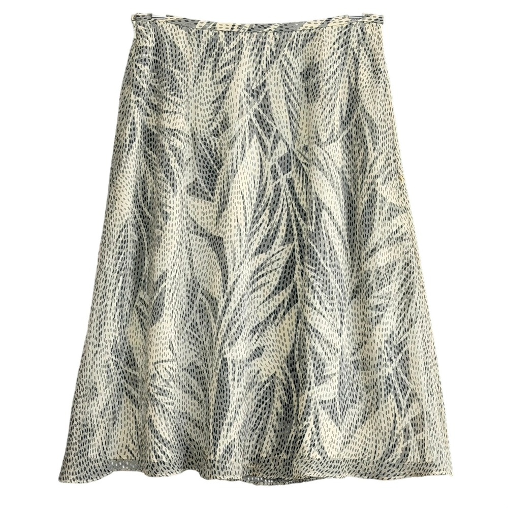 Talbots Womens Silk Midi Skirt 8P Black Cream Abstract Leaf Print A-Line‎ Lined
